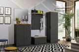 Moderne Garderobeneinrichtung in anthrazit mit Schuhschrank, Bank, Garderobenpaneel und Spiegel, seitliche Perspektive.