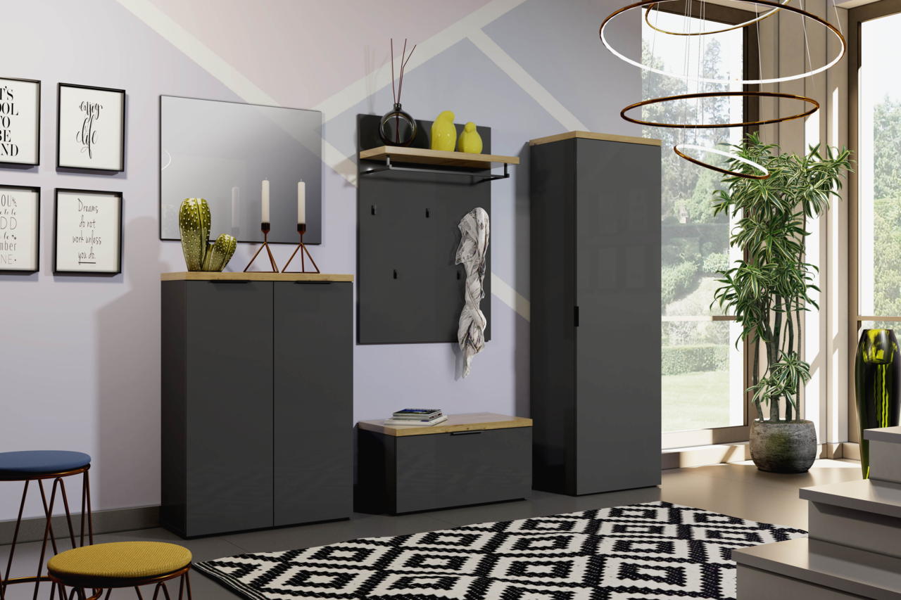 XORA Schuhschrank IDEA Moderne Garderobeneinrichtung in anthrazit mit Schuhschrank, Bank, Garderobenpaneel und Spiegel, seitliche Perspektive.