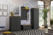 Moderne Garderobeneinrichtung in anthrazit mit Schuhschrank, Bank, Garderobenpaneel und Spiegel, seitliche Perspektive.
