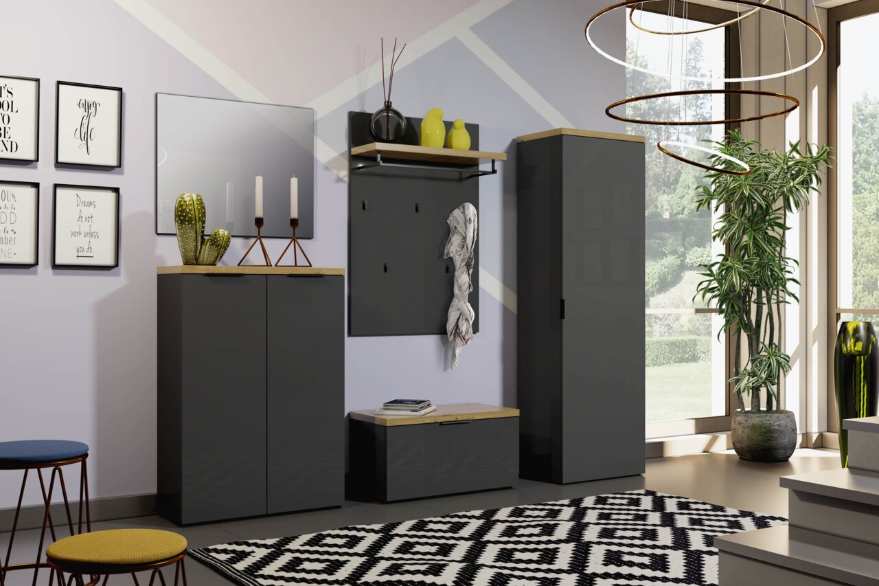 XORA Garderobenschrank IDEA ANTHRAZIT Moderne Garderobeneinrichtung in anthrazit mit Schuhschrank, Bank, Garderobenpaneel und Spiegel, seitliche Perspektive.