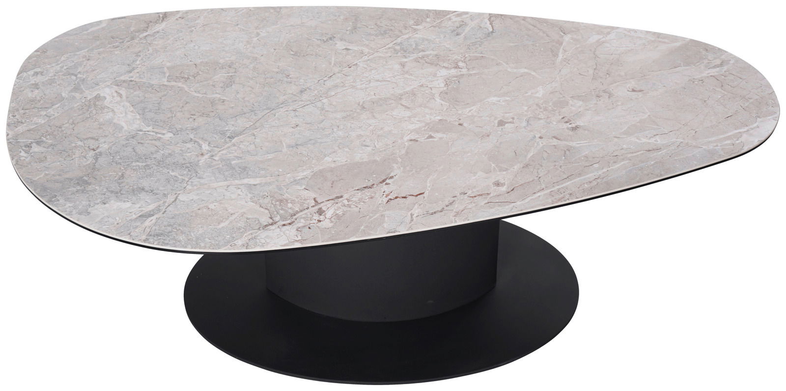 Moderner Couchtisch mit marmorierter, organisch geformter Tischplatte und schwarzem, rundem Sockel, aus der Vogelperspektive betrachtet.