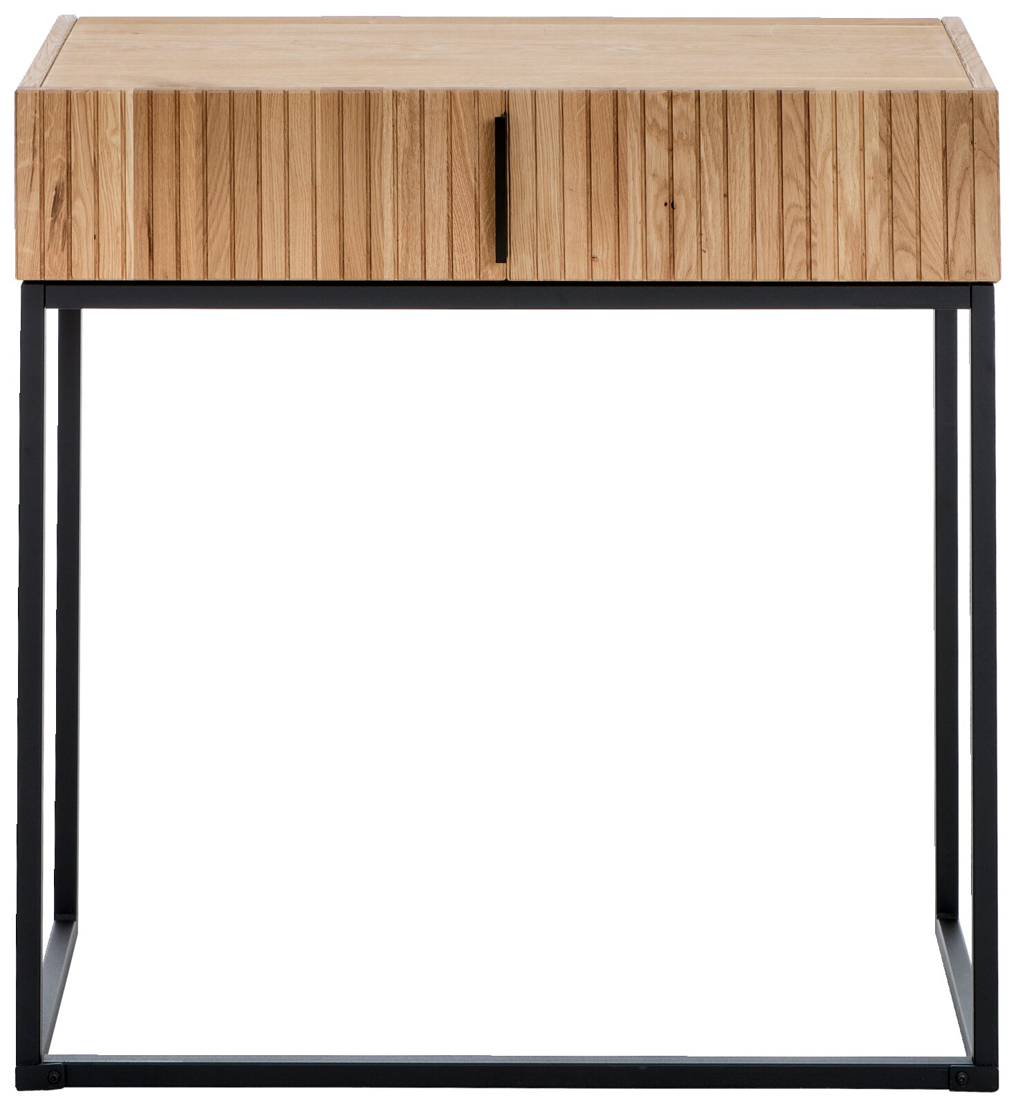 Moderne houten consoletafel met metalen onderstel, vooraanzicht