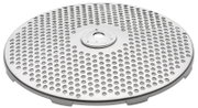 Metallscheibe mit vielen Löchern, seitliche Perspektive
