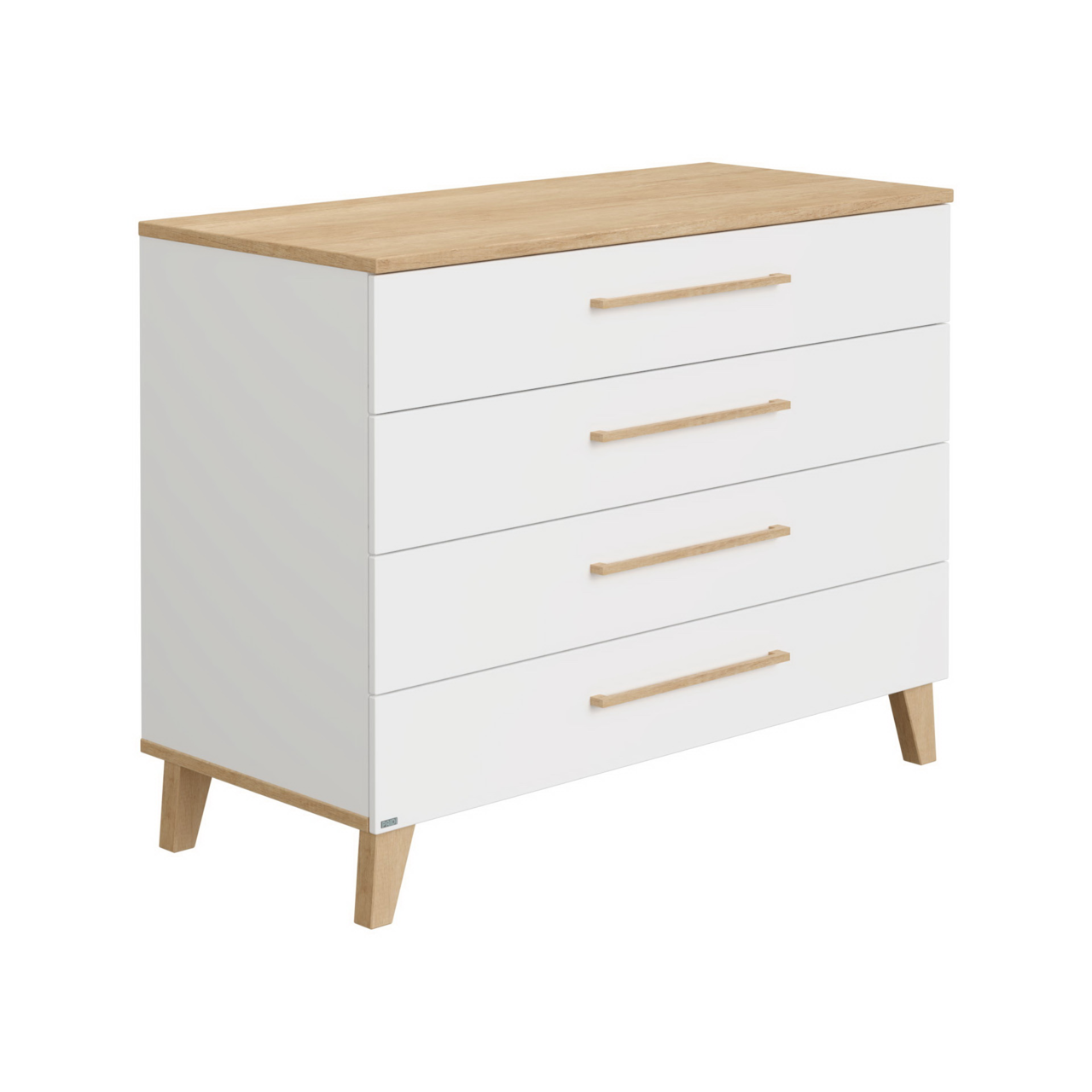Weiße Wickelkommode mit vier Schubladen und Holzgriffen, seitliche Perspektive
