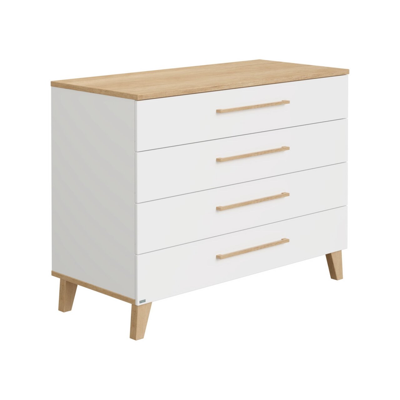 Paidi Wickelkommode OSCAR Weiße Wickelkommode mit vier Schubladen und Holzgriffen, seitliche Perspektive
