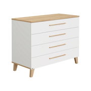 Weiße Wickelkommode mit vier Schubladen und Holzgriffen, seitliche Perspektive