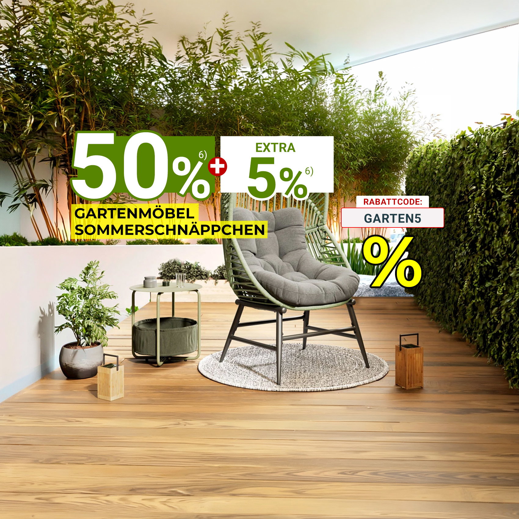 Gartenmöbel-Sommerschnäppchen: 50 % Rabatt plus 5 % extra mit Code GARTEN5 auf Loungesessel.