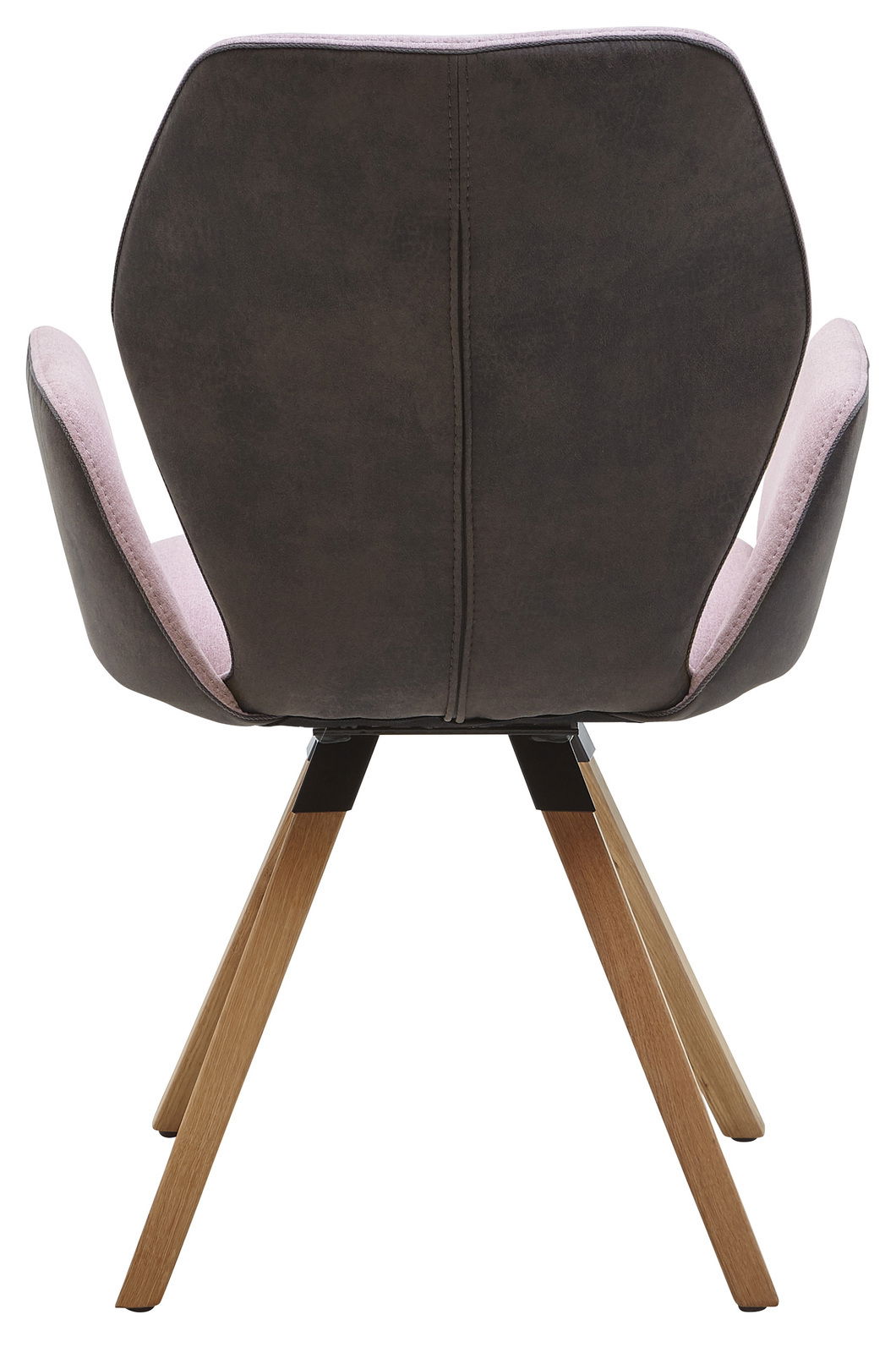 Rückansicht eines Valnatura Armlehnenstuhls PIANO mit dunkler Rückenlehne und hellen Armlehnen, auf Holzbeinen.