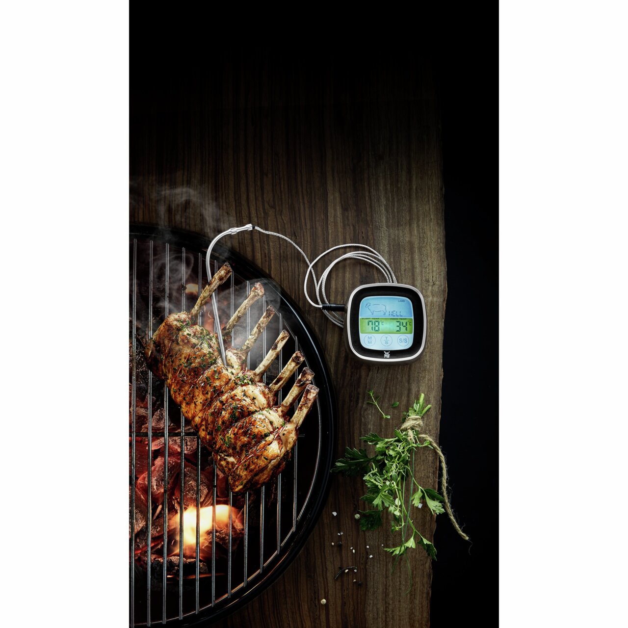 Digitales Bratenthermometer neben einem gegrillten Fleischstück auf einem Grill, aus der Vogelperspektive aufgenommen.