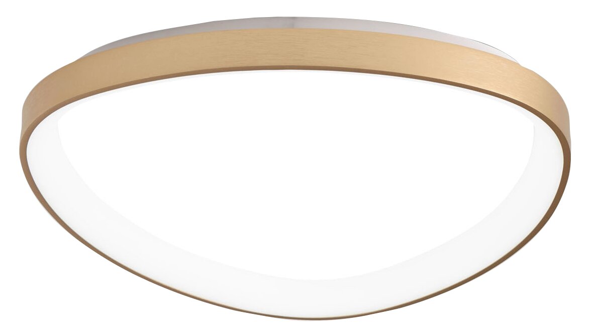 Moderne LED-Deckenleuchte mit goldener Umrandung, seitliche Perspektive