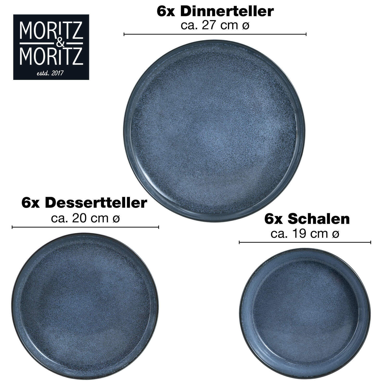 Blaues 18-teiliges Tafelservice bestehend aus 6 großen Tellern (ca. 27 cm Durchmesser), 6 Desserttellern (ca. 20 cm Durchmesser) und 6 Schalen (ca. 19 cm Durchmesser), von oben betrachtet.