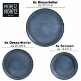 Blaues 18-teiliges Tafelservice bestehend aus 6 großen Tellern (ca. 27 cm Durchmesser), 6 Desserttellern (ca. 20 cm Durchmesser) und 6 Schalen (ca. 19 cm Durchmesser), von oben betrachtet.