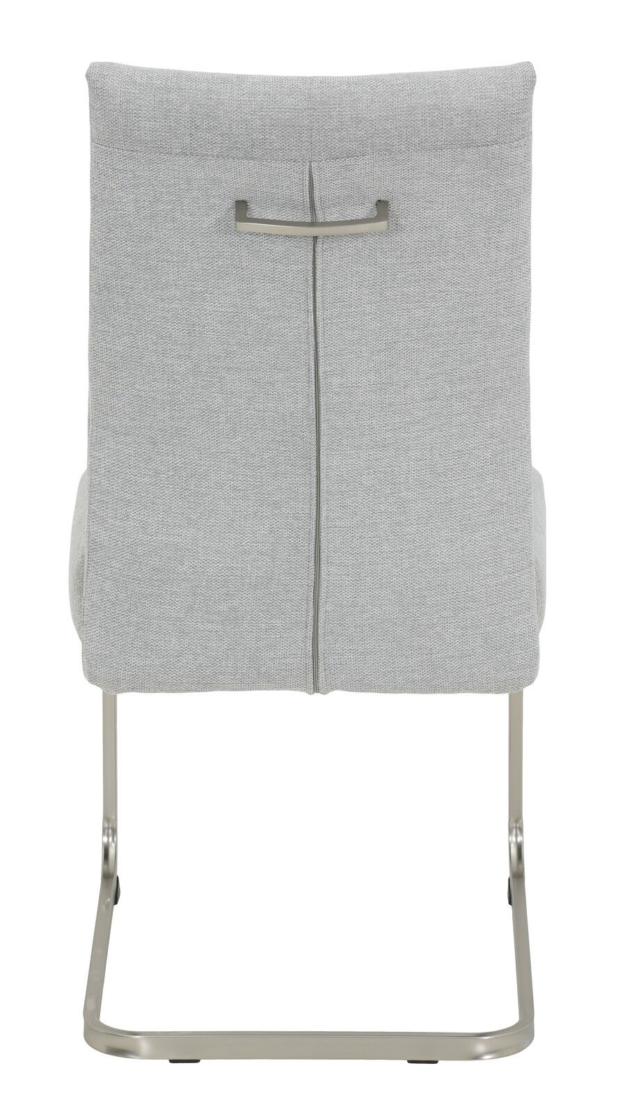 Rückansicht eines grauen Schwingstuhls mit Metallgestell und Griff an der Rückenlehne