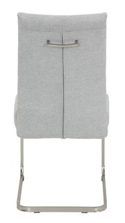 Rückansicht eines grauen Schwingstuhls mit Metallgestell und Griff an der Rückenlehne