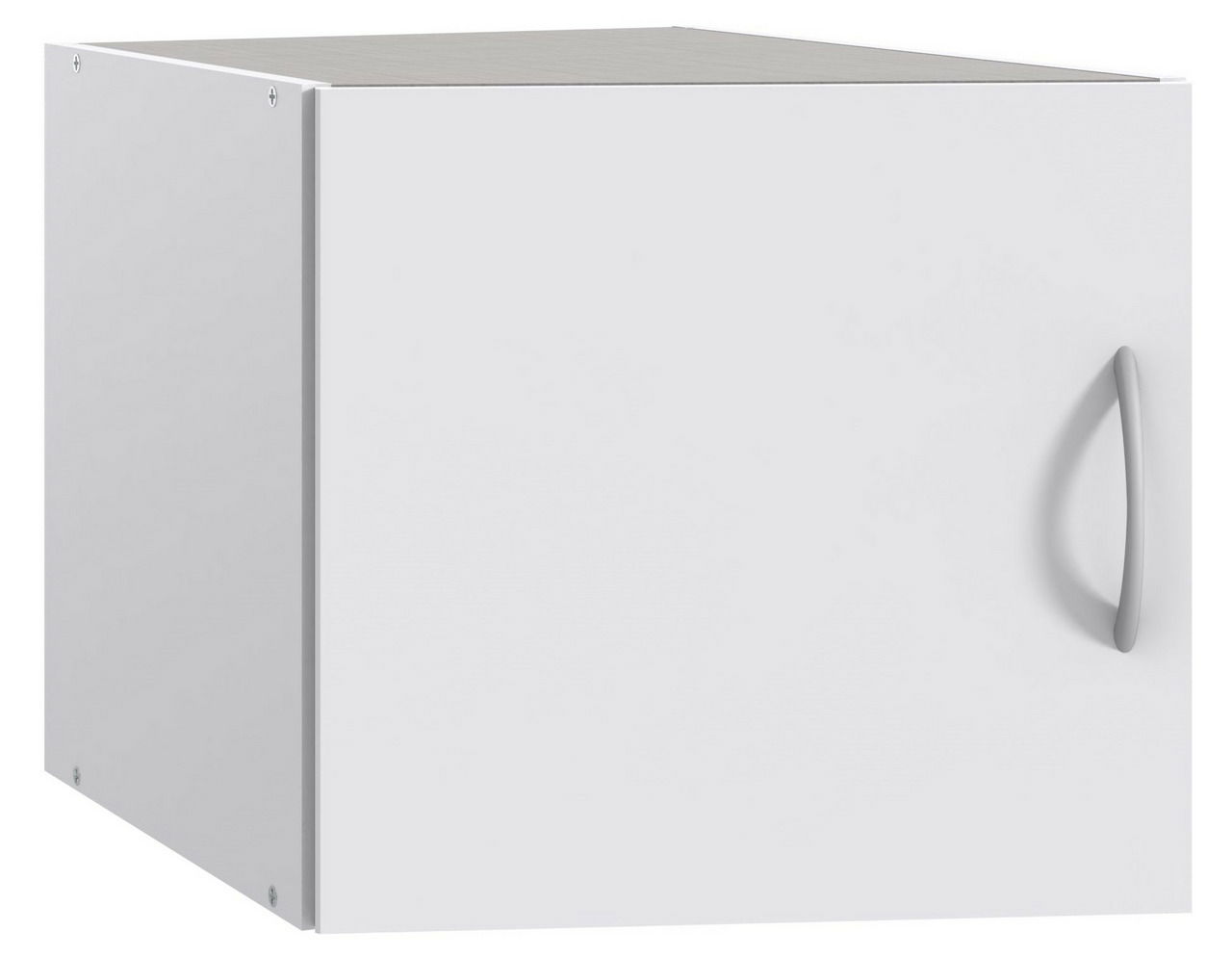 Weißer Aufsatz für Schranksystem, perspektivische Ansicht von vorne rechts, mit silbernem Griff.