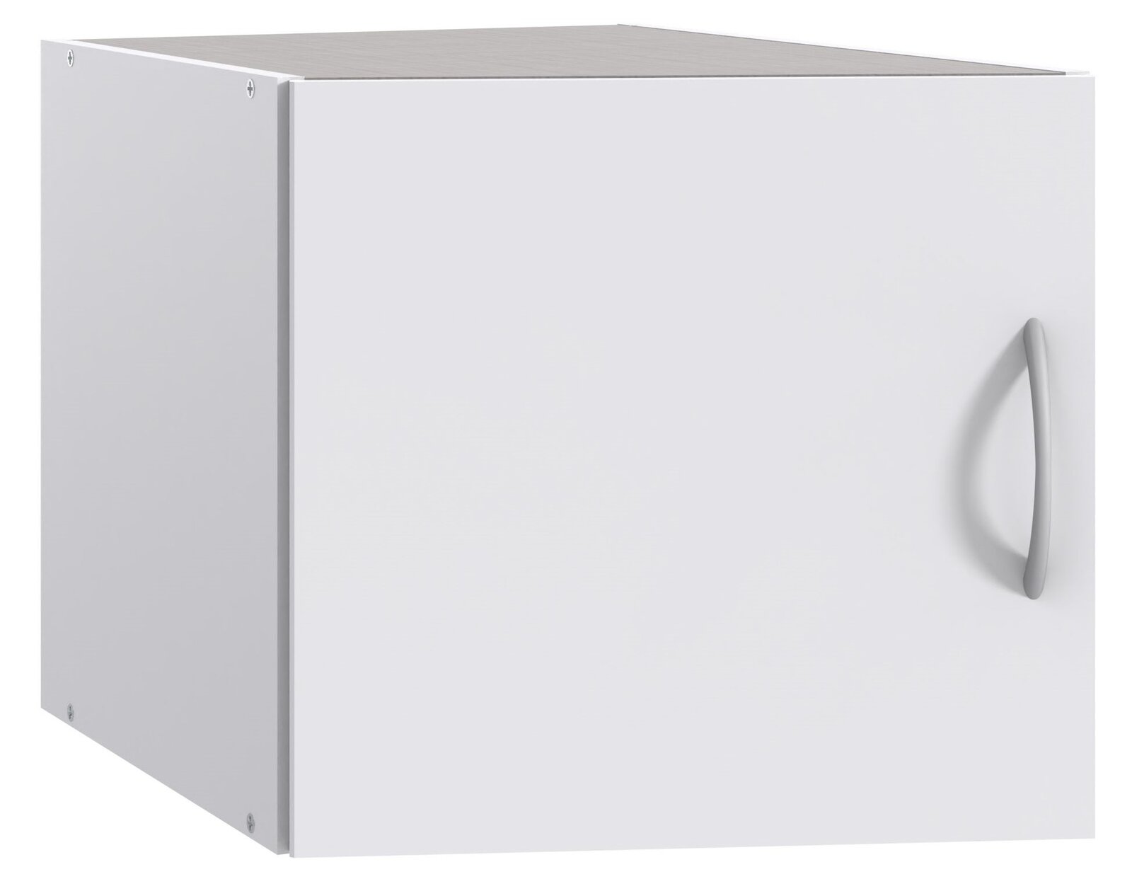 Weißer Aufsatz für Schranksystem, perspektivische Ansicht von vorne rechts, mit silbernem Griff.