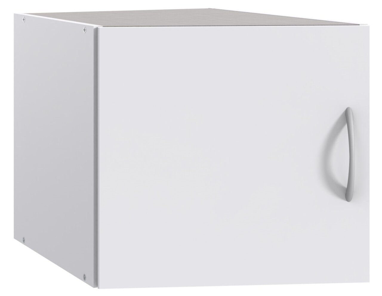 XORA Aufsatz T54 für Schrägschrank MULTIRAUMKONZEPT Weißer Aufsatz für Schranksystem, perspektivische Ansicht von vorne rechts, mit silbernem Griff.