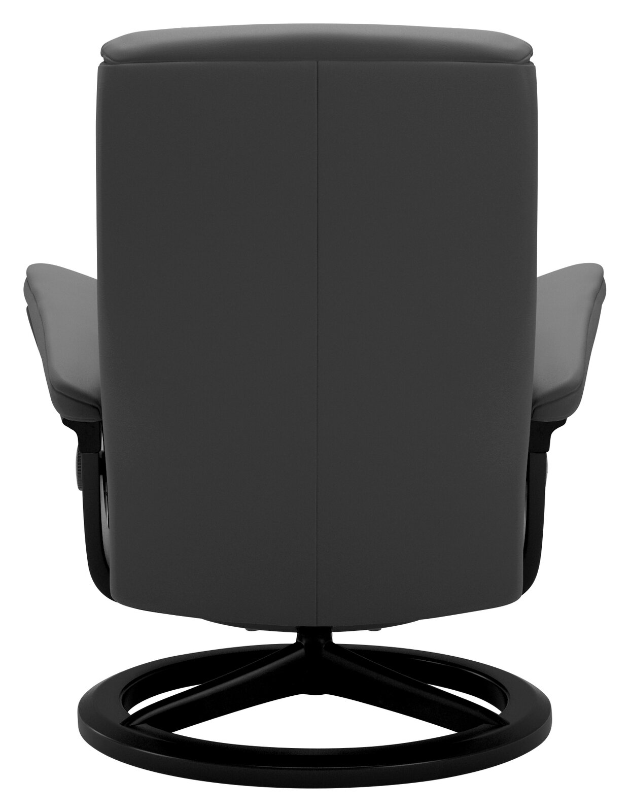 Rückansicht eines modernen Einzelsessels mit schwarzem Lederbezug und drehbarem Metallfuß.