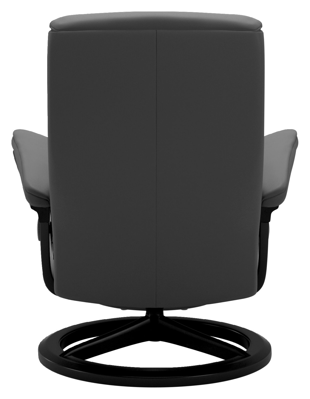 Achterkant van een moderne fauteuil met zwarte lederen bekleding en een draaibare metalen voet.