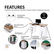 Moderner Schreibtisch mit viel Stauraum, edel abgerundeten Ecken und extra dickem Material, aus der Perspektive von vorne rechts.