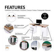 Moderner Schreibtisch mit viel Stauraum, edel abgerundeten Ecken und extra dickem Material, aus der Perspektive von vorne rechts.