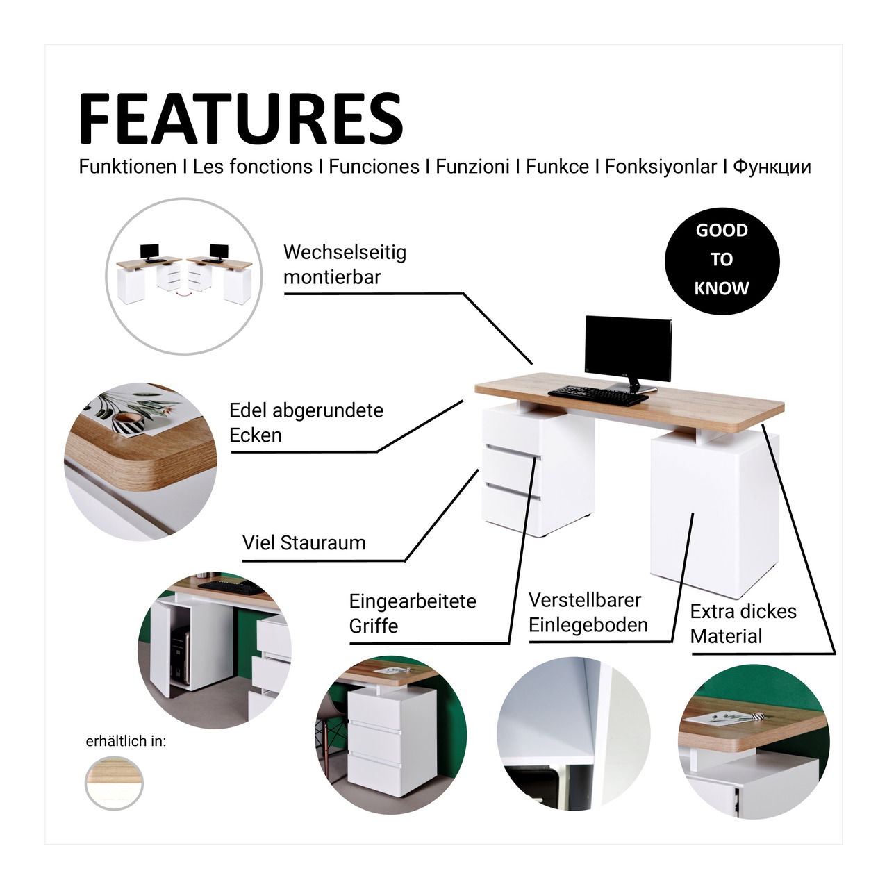Moderner Schreibtisch mit viel Stauraum, edel abgerundeten Ecken und extra dickem Material, aus der Perspektive von vorne rechts.