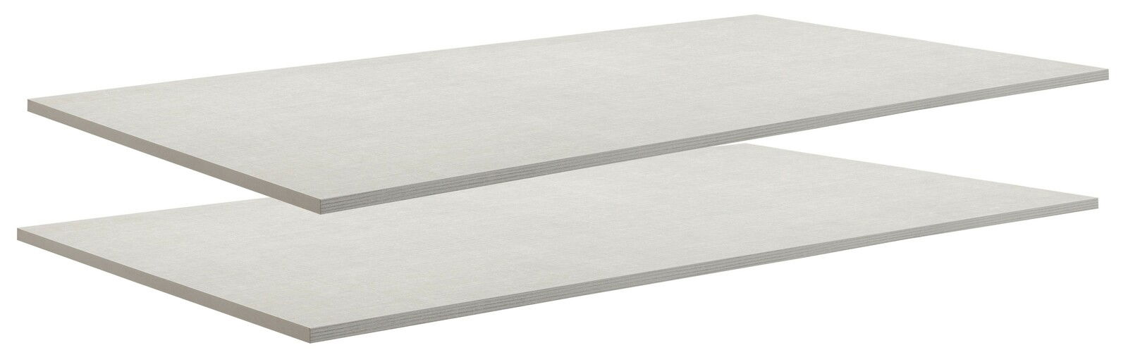 Zwei weiße Einlegeböden in seitlicher Perspektive übereinander gestapelt.