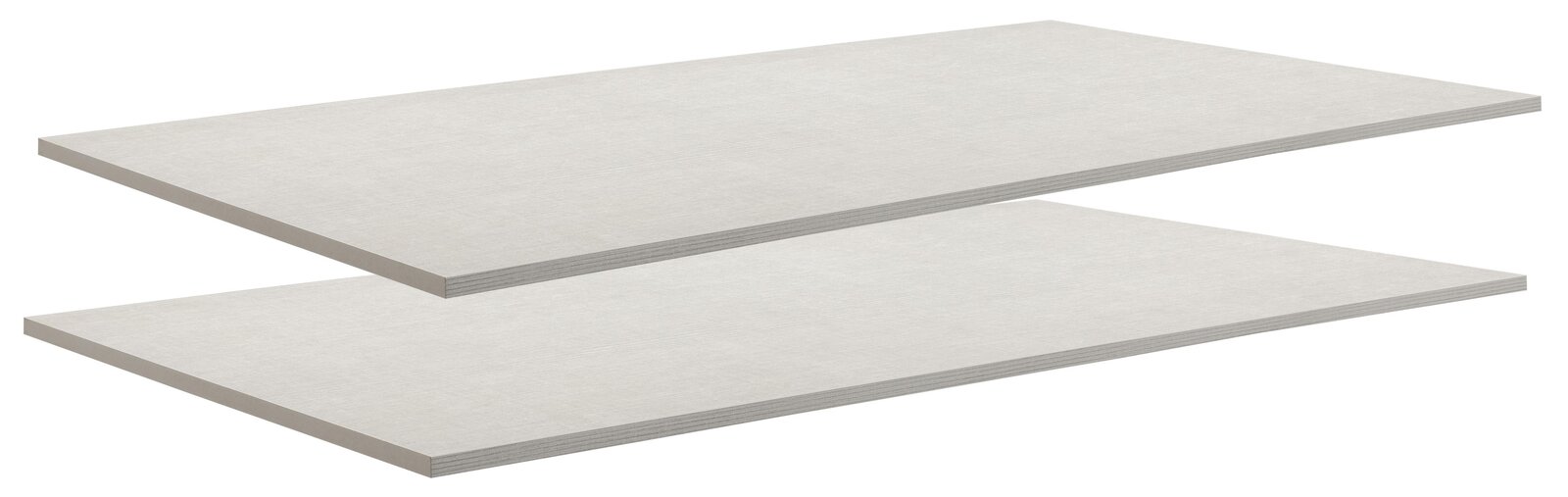 Zwei weiße Einlegeböden in seitlicher Perspektive übereinander gestapelt.