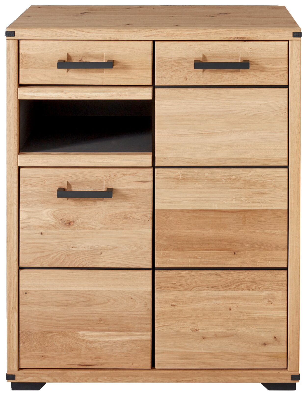 Schuhschrank aus Holz mit mehreren Schubladen und Fächern, Frontalansicht