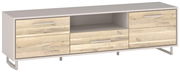 TV-Lowboard aus Holz mit mehreren Schubladen und einem offenen Fach, seitliche Perspektive