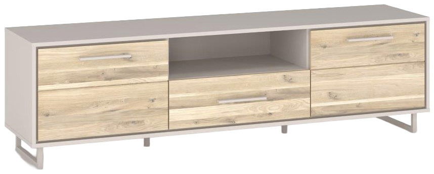 TV-Lowboard aus Holz mit mehreren Schubladen und einem offenen Fach, seitliche Perspektive