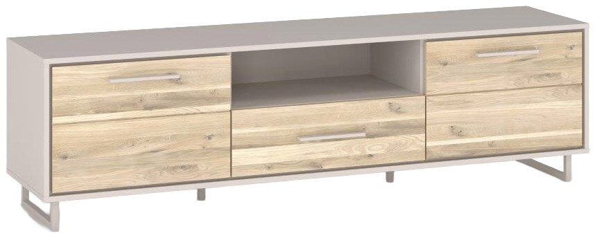 TV-Lowboard aus Holz mit mehreren Schubladen und einem offenen Fach, seitliche Perspektive