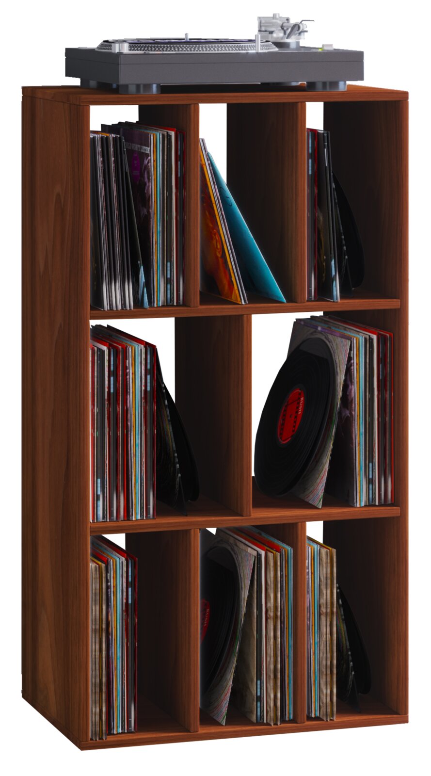 Vinyl-Schallplattenregal aus Holz in Nussbaum-Optik mit 8 Fächern, gefüllt mit LPs, mit Plattenspieler obenauf; frontale Ansicht leicht von links