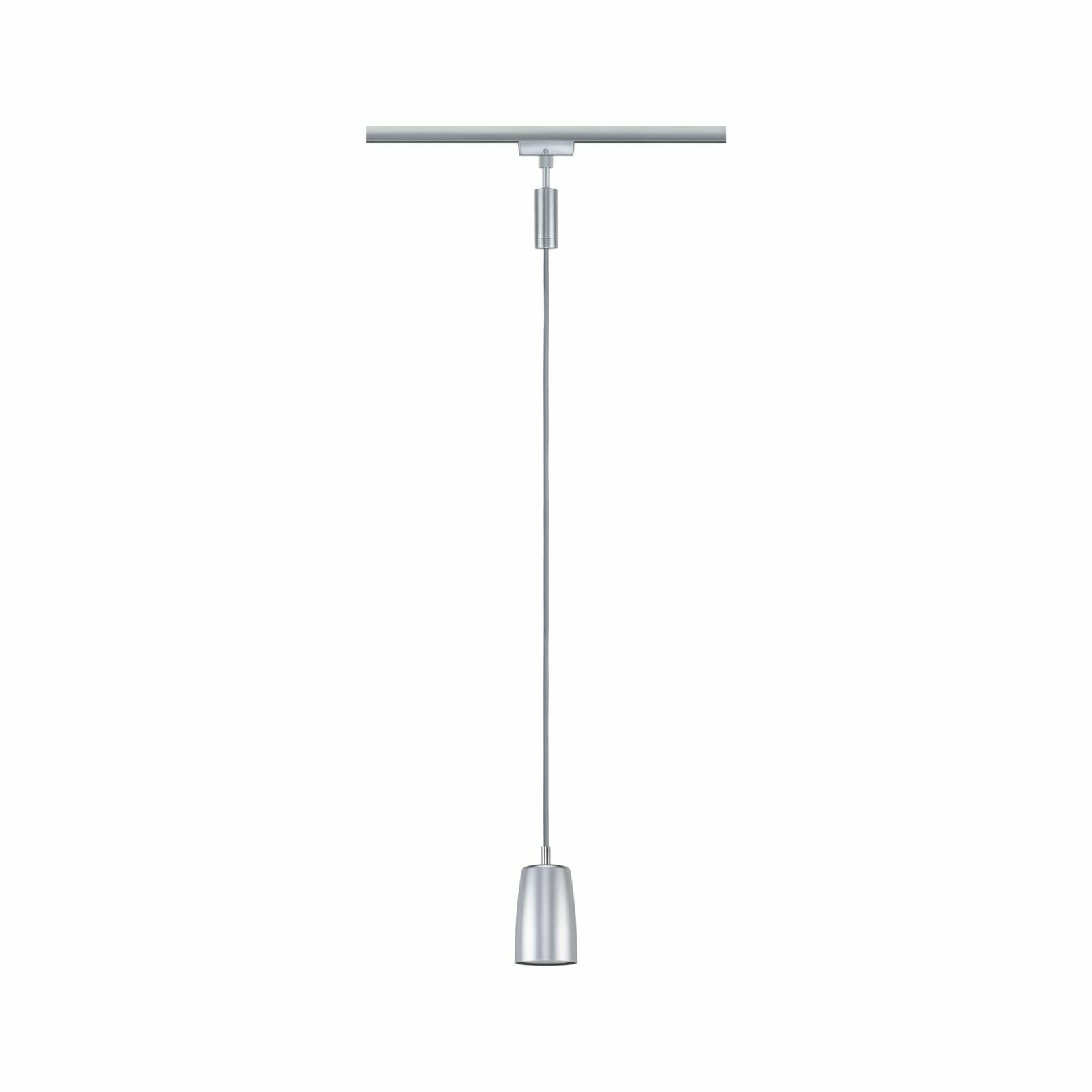 Silbernes Schienenpendel von PAULMANN, hängend an einer Schiene, seitliche Perspektive.