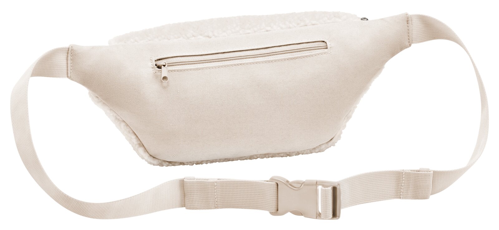 Beige Gürteltasche aus Stoff mit Reißverschluss und verstellbarem Gurt, Vorderansicht