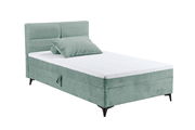 Boxbett in mintgrünem Stoff mit gestepptem Kopfteil und Kissen, seitliche Perspektive