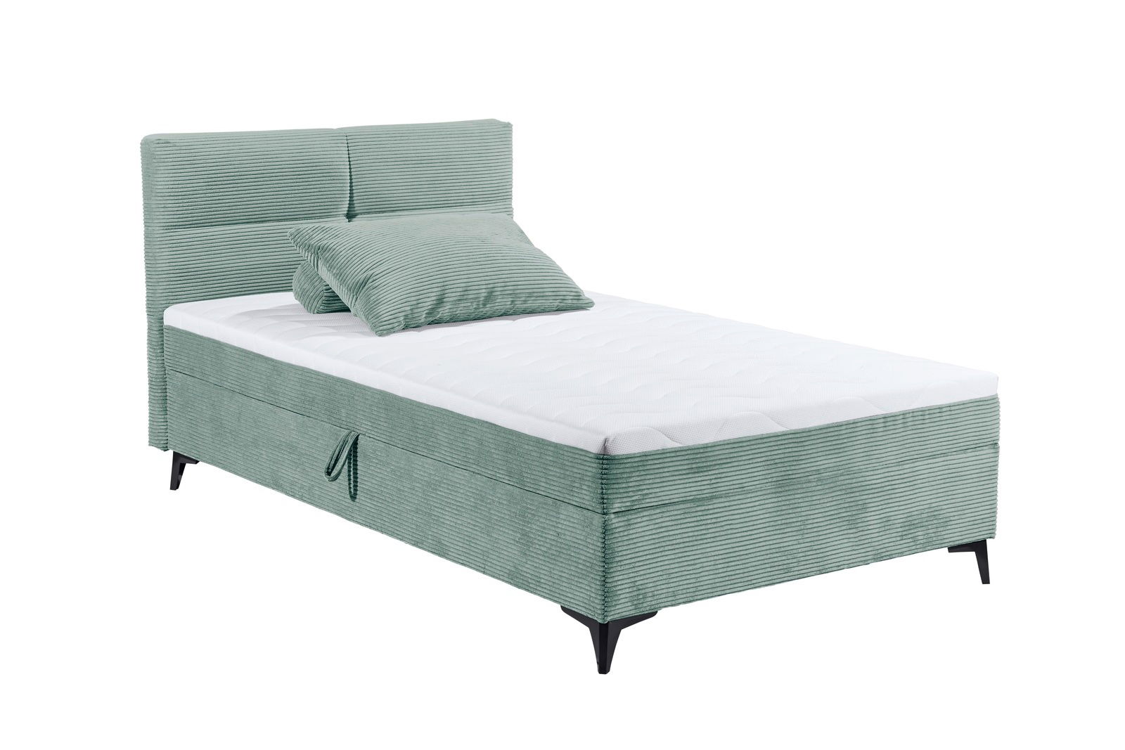 Boxbett in mintgrünem Stoff mit gestepptem Kopfteil und Kissen, seitliche Perspektive