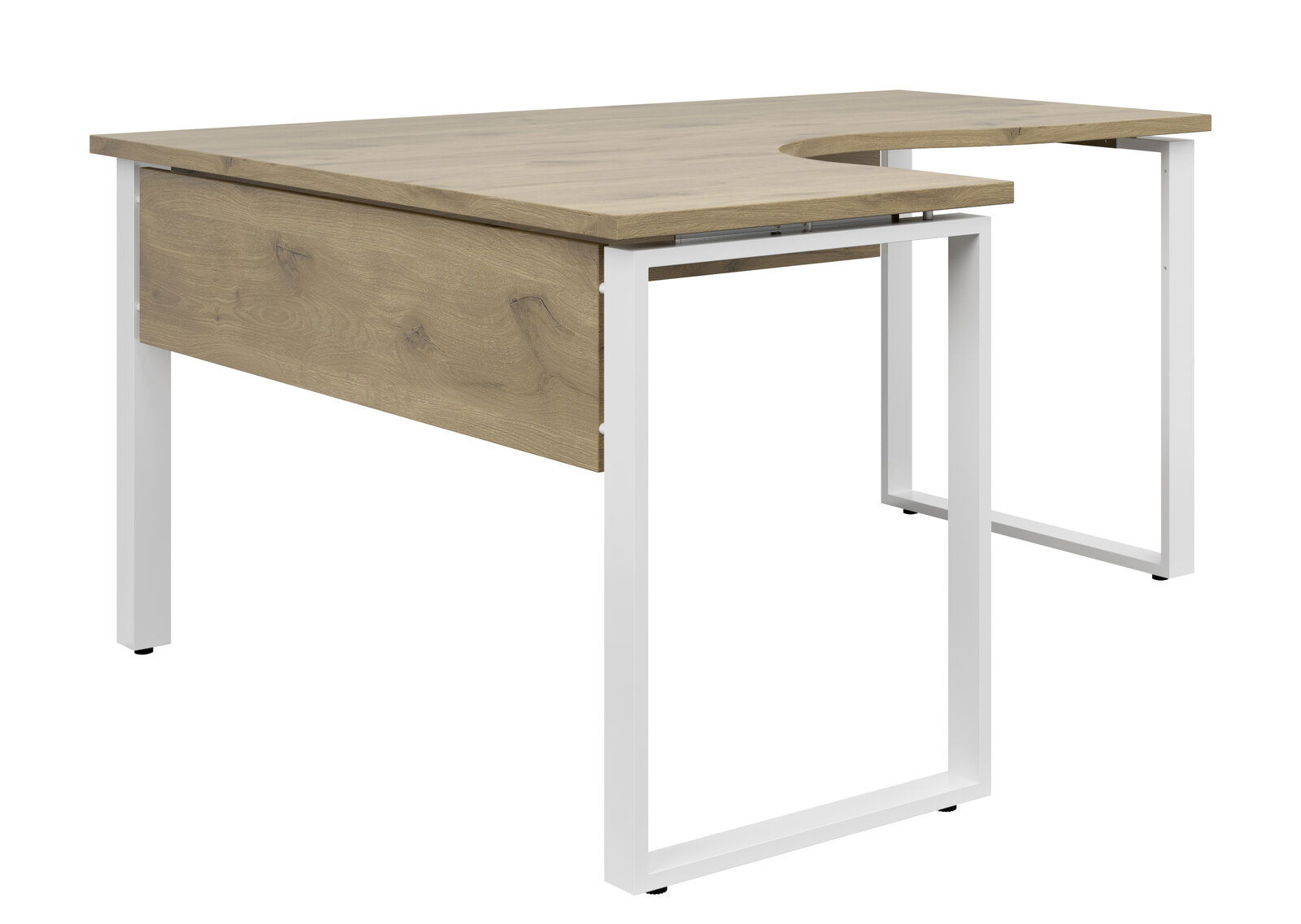 Moderner Eckschreibtisch in L-Form mit Holzoberfläche und weißen Metallbeinen, seitliche Perspektive