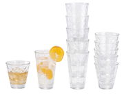 Becherset Optic 12-tlg. aus klarem Glas, bestehend aus verschiedenen Größen, mit einem dekorativen, strukturierten Design. Perspektive: Frontalansicht.