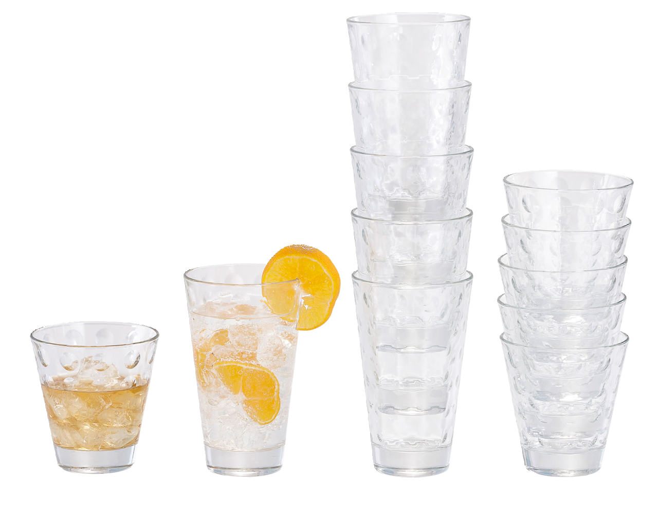 Becherset Optic 12-tlg. aus klarem Glas, bestehend aus verschiedenen Größen, mit einem dekorativen, strukturierten Design. Perspektive: Frontalansicht.