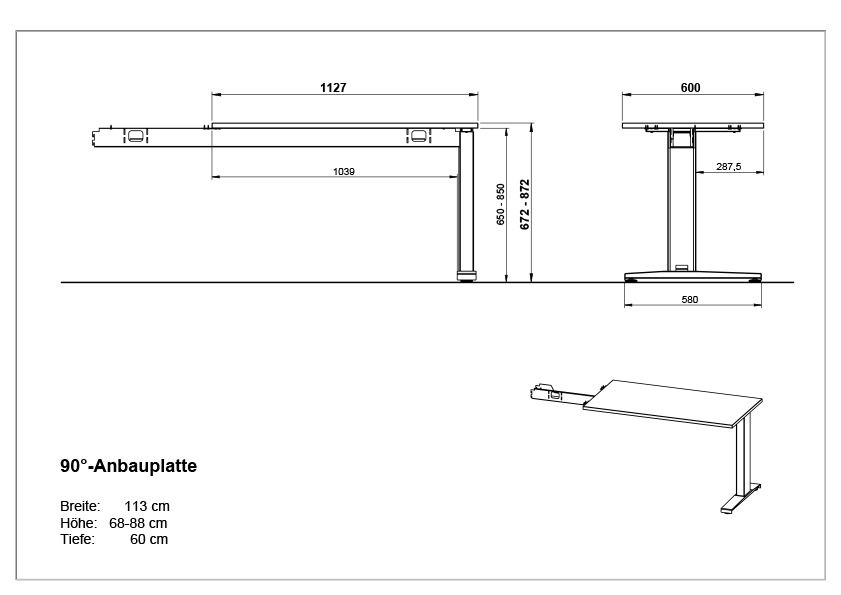 Technische Zeichnung eines 90°-Schreibtischanbaus mit den Maßen: Breite 113 cm, Höhe 68-88 cm, Tiefe 60 cm. Perspektive von der Seite und oben.