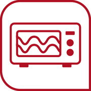 Symbol einer Mikrowelle mit wellenförmigen Linien auf der Tür, rote Umrisse, Frontalansicht.