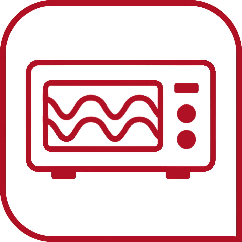 Symbol einer Mikrowelle mit wellenförmigen Linien auf der Tür, rote Umrisse, Frontalansicht.
