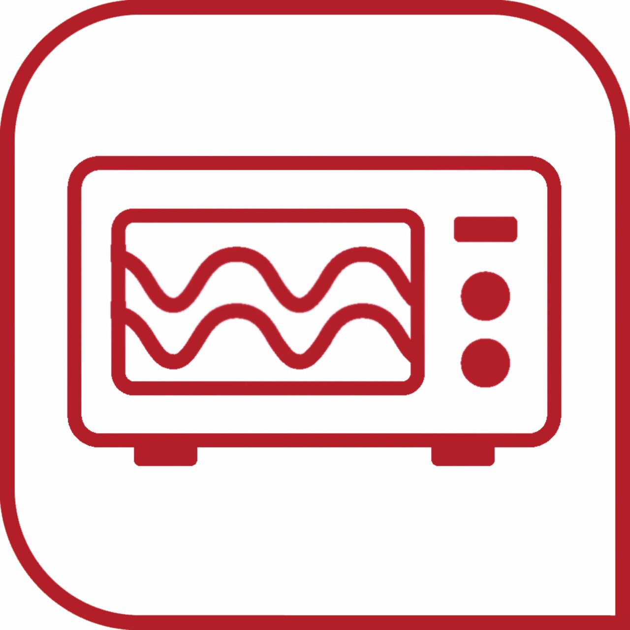 Symbol einer Mikrowelle mit wellenförmigen Linien auf der Tür, rote Umrisse, Frontalansicht.