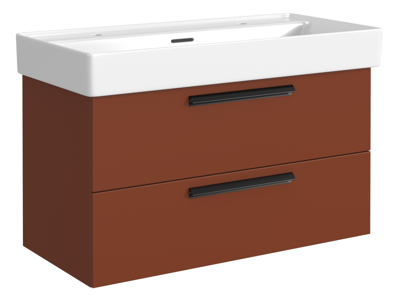 XORA Waschtisch-Set für 2 Armaturen VANNES Moderner Waschtisch mit zwei Schubladen in brauner Holzoptik und weißem Waschbecken, Frontalansicht
