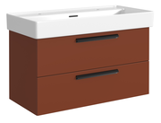 Moderner Waschtisch mit zwei Schubladen in brauner Holzoptik und weißem Waschbecken, Frontalansicht