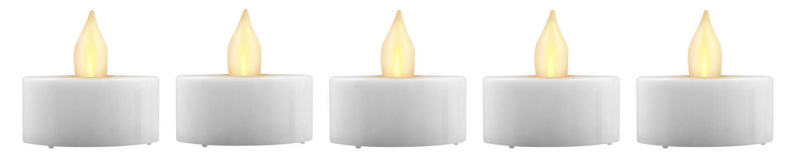 Fünf weiße LED-Teelichter mit gelber Flamme, frontal betrachtet.