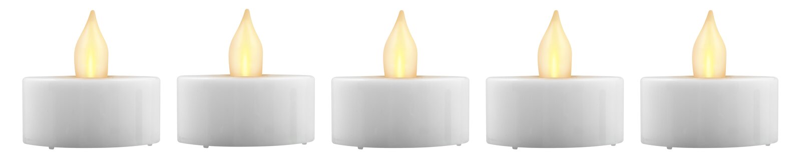 Fünf weiße LED-Teelichter mit gelber Flamme, frontal betrachtet.