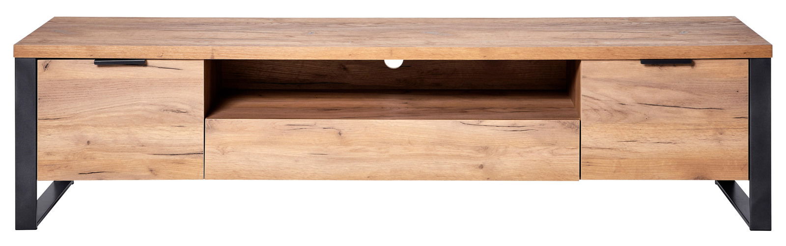 Frontale Ansicht eines TV-Lowboards aus Holz mit zwei Schubladen und einem offenen Fach in der Mitte, unterstützt von schwarzen Metallbeinen.