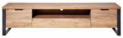 Frontale Ansicht eines TV-Lowboards aus Holz mit zwei Schubladen und einem offenen Fach in der Mitte, unterstützt von schwarzen Metallbeinen.
